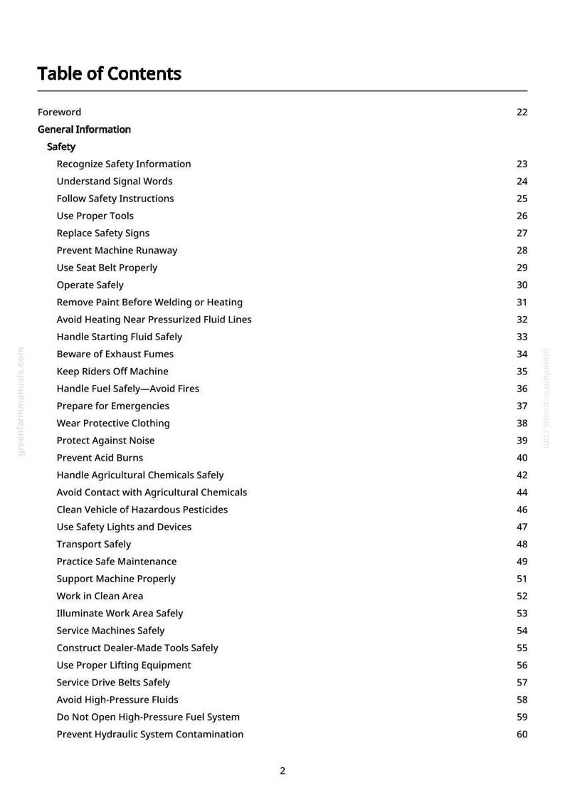 May include: A white page titled "Table of Contents" from a manual. The text lists safety topics such as "Recognize Safety Information," "Use Proper Tools," and "Prevent Acid Burns." Page numbers are listed on the right.