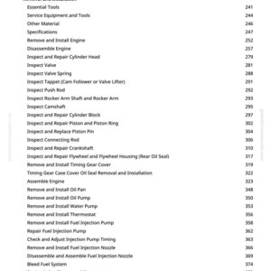 May include: A manual page detailing engine repair procedures. The contents list includes sections on removal, installation, inspection, and auxiliary systems, with page numbers alongside.