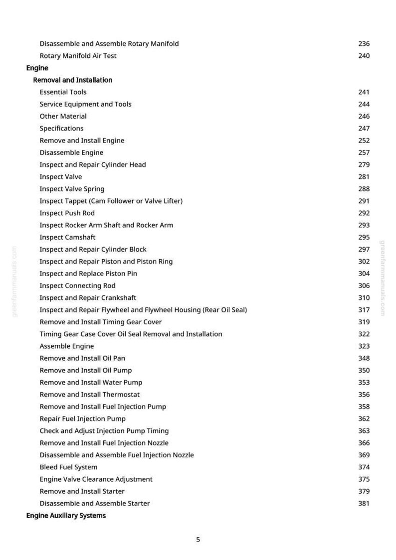 May include: A manual page detailing engine repair procedures. The contents list includes sections on removal, installation, inspection, and auxiliary systems, with page numbers alongside.
