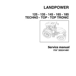 K&ouml;nnte beinhalten: Wei&szlig;es Servicehandbuch f&uuml;r einen Landpower-Traktor. Das Handbuch enth&auml;lt eine Strichzeichnung des Traktors und den Text "125 - 135 - 145 - 165 - 185 TECHNO - TOP - TOP TRONIC". Die Teilenummer des Handbuchs lautet 3692414M1.