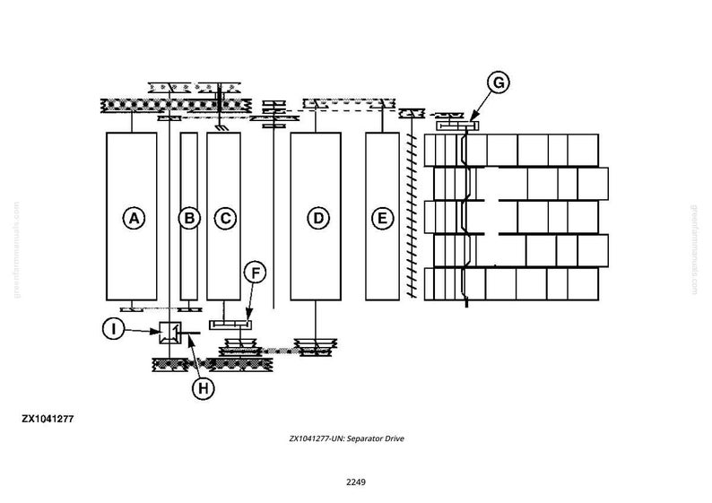 May include: A black and white technical diagram of a separator drive, labeled with letters and numbers. The diagram includes rectangular and cylindrical shapes, along with text that reads "ZX1041277-UN: Separator Drive" and "2249".