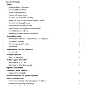 May include: A page from a manual titled "Table of Contents." The document lists various sections, including "General Information," "Safety," and "Diagnostic Trouble Codes." The text is black on a white background.