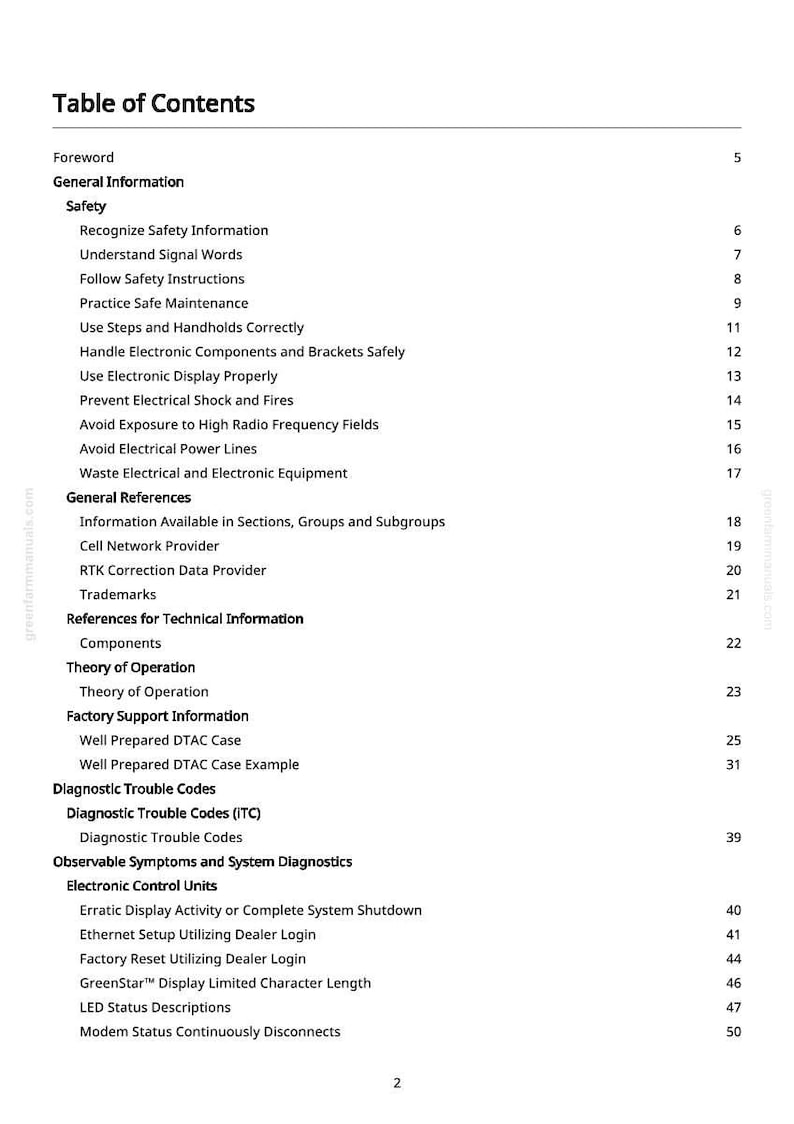 May include: A page from a manual titled "Table of Contents." The document lists various sections, including "General Information," "Safety," and "Diagnostic Trouble Codes." The text is black on a white background.
