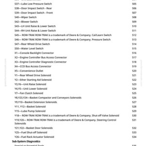May include: A detailed list of tractor parts and components, including switches, connectors, solenoids, and diagnostic tools. The text includes part numbers and descriptions, such as "Inspection By-Pass Switch" and "Rear Wheel Drive Solenoid."