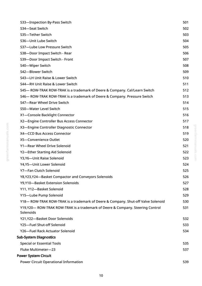 May include: A detailed list of tractor parts and components, including switches, connectors, solenoids, and diagnostic tools. The text includes part numbers and descriptions, such as "Inspection By-Pass Switch" and "Rear Wheel Drive Solenoid."