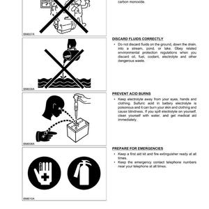 K&ouml;nnte beinhalten: Eine Seite aus einem Handbuch zur Handhabung von Dieselpartikelfiltern mit Sicherheitshinweisen. Die Illustrationen zeigen Warnungen zu Luftzirkulation, Fl&uuml;ssigkeitsentsorgung, S&auml;ureverbrennungen und Notfallvorsorge. Text enth&auml;lt "Gute Luftzirkulation gew&auml;hrleisten".