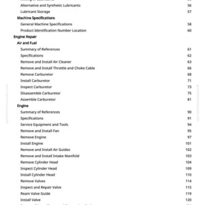 May include: A manual page with a table of contents for engine repair. Topics include "Remove Carburettor", "Install Engine", and "Inspect Cylinder Head". The page number is visible at the bottom of the page.