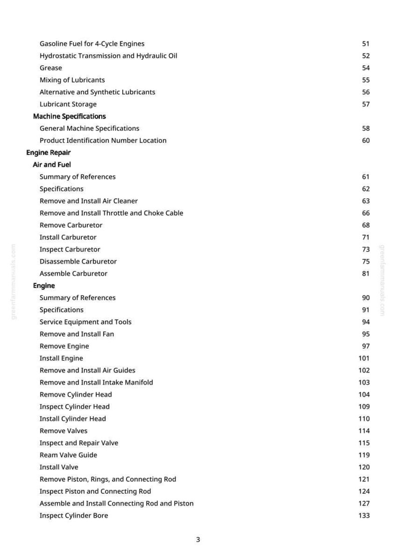 May include: A manual page with a table of contents for engine repair. Topics include "Remove Carburettor", "Install Engine", and "Inspect Cylinder Head". The page number is visible at the bottom of the page.