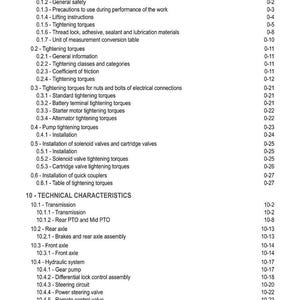 May include: A detailed table of contents from a manual, with sections on introduction, tightening torques, technical characteristics, and calibrations. The text is black on a white background.