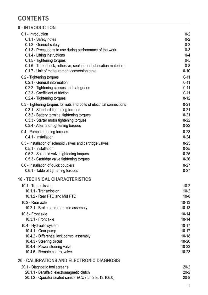 May include: A detailed table of contents from a manual, with sections on introduction, tightening torques, technical characteristics, and calibrations. The text is black on a white background.
