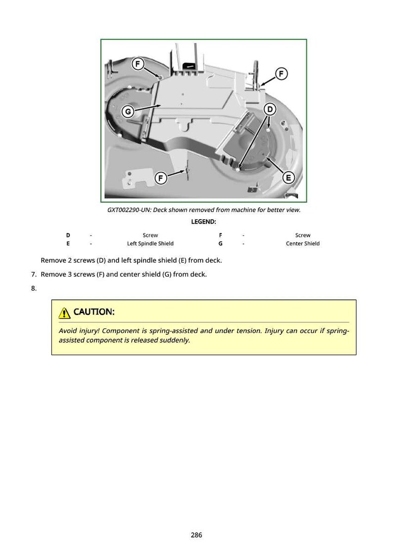 May include: Diagram of a machine component with labels and arrows. The image includes text indicating the deck has been removed for a better view, with a caution about spring-assisted components.