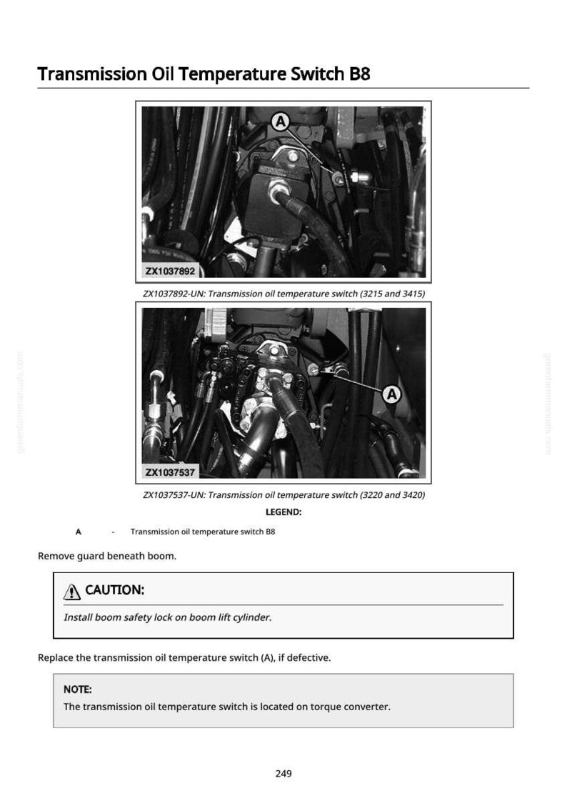 May include: Diagram of a transmission oil temperature switch B8, with close-up images of the switch and related components. Includes text labels and instructions for maintenance and replacement.