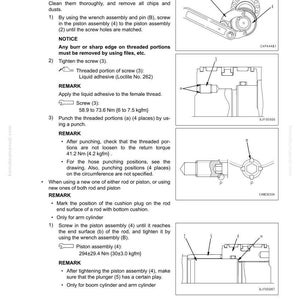 May include: Technical diagram detailing the disassembly and assembly of work equipment cylinder components. Includes illustrations of piston rod assembly, screws, and wrench assembly. Measurements are provided in Nm and kgfm.
