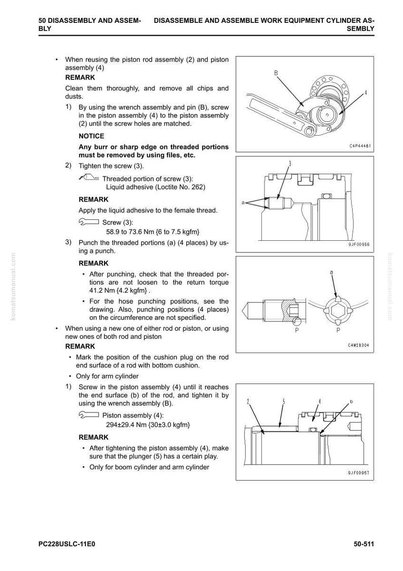 May include: Technical diagram detailing the disassembly and assembly of work equipment cylinder components. Includes illustrations of piston rod assembly, screws, and wrench assembly. Measurements are provided in Nm and kgfm.