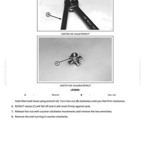 May include: Diagram showing the installation of a RIVNUT. The image includes a wrench and a hex nut, with labels A, B, and C pointing to the parts. Text instructions are also included.