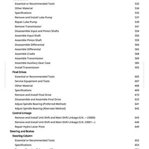 May include: A white page featuring a detailed table of contents for a mechanical repair manual. The text includes procedures for transmission, final drives, steering, and brakes, with corresponding page numbers.