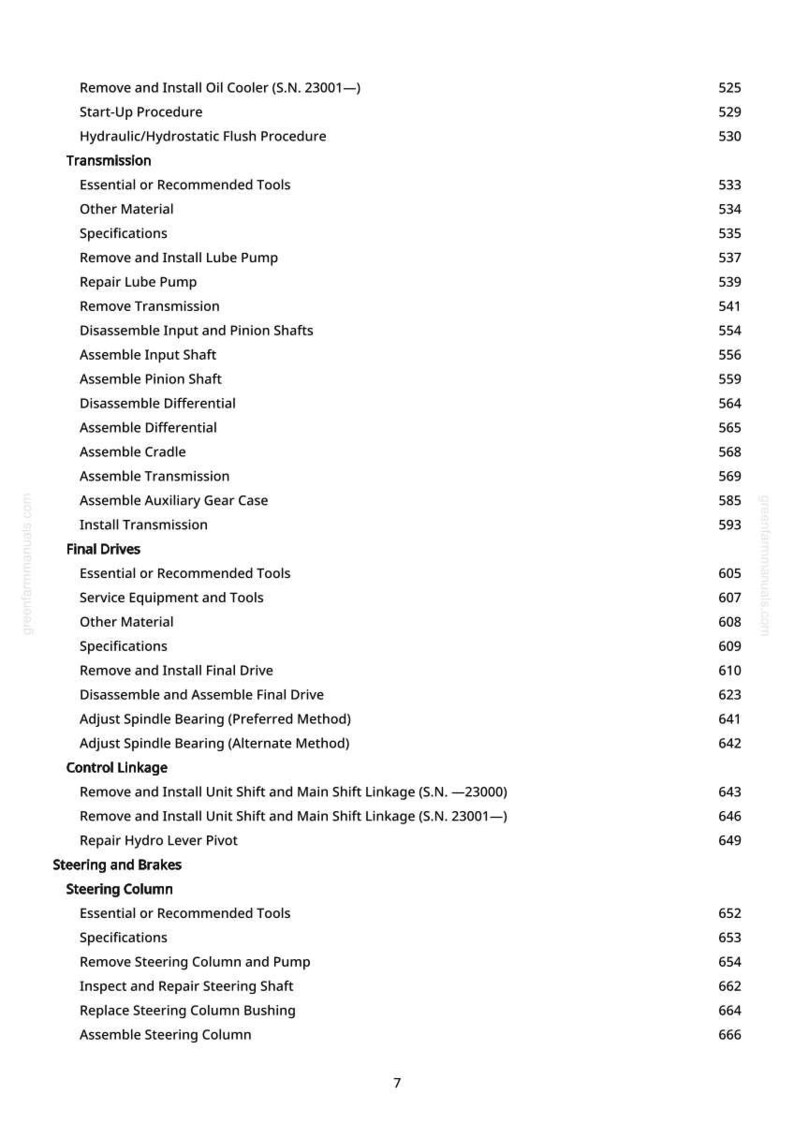 May include: A white page featuring a detailed table of contents for a mechanical repair manual. The text includes procedures for transmission, final drives, steering, and brakes, with corresponding page numbers.