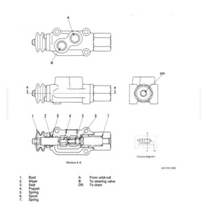 May include: Diagram of a stop valve, part of a steering control system. The image includes multiple views of the valve, labeled with numbers and letters, and a circuit diagram. Text includes "Structure and Function" and "Stop Valve".
