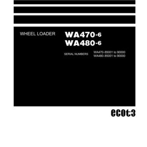Peut inclure: Un manuel d'atelier blanc et noir avec le texte "Shop Manual" en haut. Le manuel comprend des informations sur les chargeuses sur pneus WA470-6 et WA480-6, avec des plages de num&eacute;ros de s&eacute;rie. Le logo Komatsu est en bas.