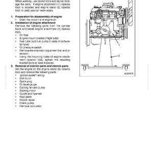 May include: Diagram of an engine with labels and instructions for disassembly. The image includes a detailed illustration of the engine's components, with numbered references and a list of parts to remove. Text includes "Servicing Engine" and "Disassembly of Engine."