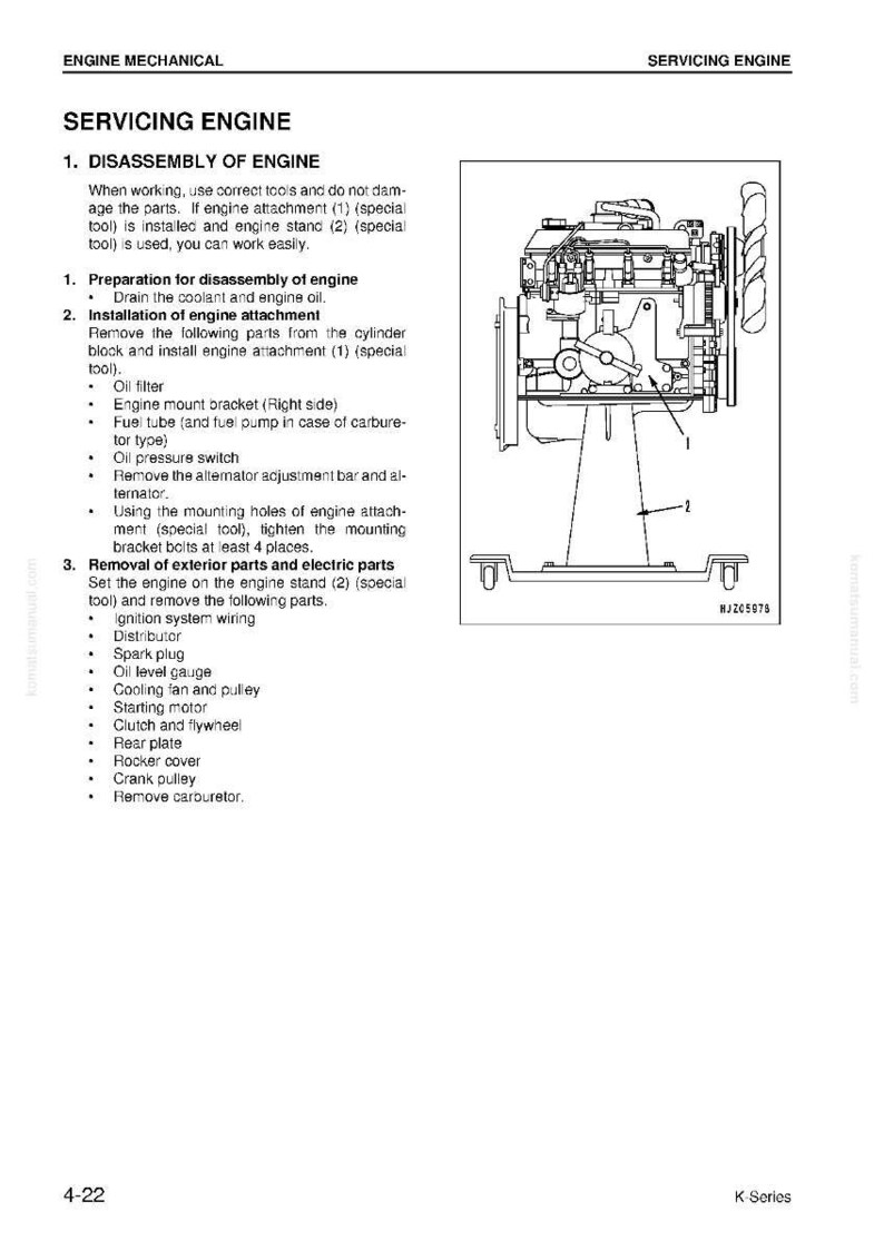 May include: Diagram of an engine with labels and instructions for disassembly. The image includes a detailed illustration of the engine's components, with numbered references and a list of parts to remove. Text includes "Servicing Engine" and "Disassembly of Engine."