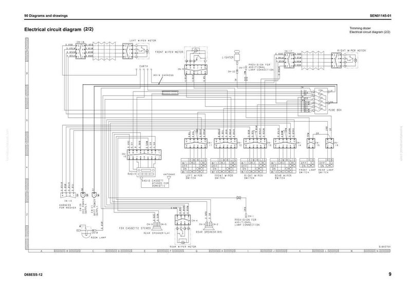 Op de afbeelding: Een elektrisch schema (2/2) met diverse componenten en bedrading, waaronder een radio, cassettespeler en ruitenwissermotoren. Het schema is in zwart en wit.