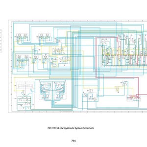 May include: A detailed schematic diagram of a hydraulic system, featuring a complex network of blue, red, and yellow lines. The diagram includes text and symbols, with a title that reads "Hydraulic System Schematic".