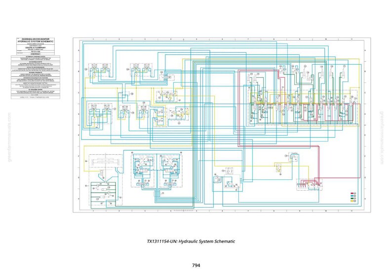 May include: A detailed schematic diagram of a hydraulic system, featuring a complex network of blue, red, and yellow lines. The diagram includes text and symbols, with a title that reads "Hydraulic System Schematic".