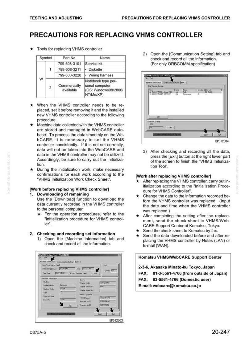 May include: A detailed technical document titled "Precautions for Replacing VHMS Controller." It includes tables with part numbers and names, along with step-by-step instructions and screenshots for the replacement process. The document also provides contact information.