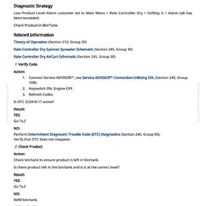 May include: A white document with black text detailing diagnostic steps for a product tank level alarm. The document includes instructions for verifying codes, checking the product, and terminal testing. The text includes the title "GDC 523418.17 - Product Tank Level Alarm 1".