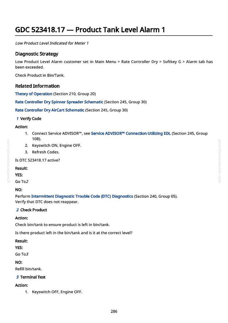 May include: A white document with black text detailing diagnostic steps for a product tank level alarm. The document includes instructions for verifying codes, checking the product, and terminal testing. The text includes the title "GDC 523418.17 - Product Tank Level Alarm 1".
