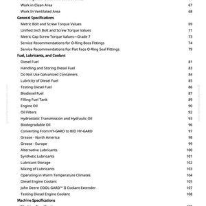 May include: A white page from a manual with a table of contents. The text includes topics like "Fuel, Lubricants, and Coolant", "Engine Repair", and "Machine Specifications". Page numbers are listed on the right.