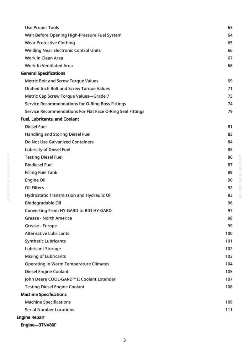 May include: A white page from a manual with a table of contents. The text includes topics like "Fuel, Lubricants, and Coolant", "Engine Repair", and "Machine Specifications". Page numbers are listed on the right.