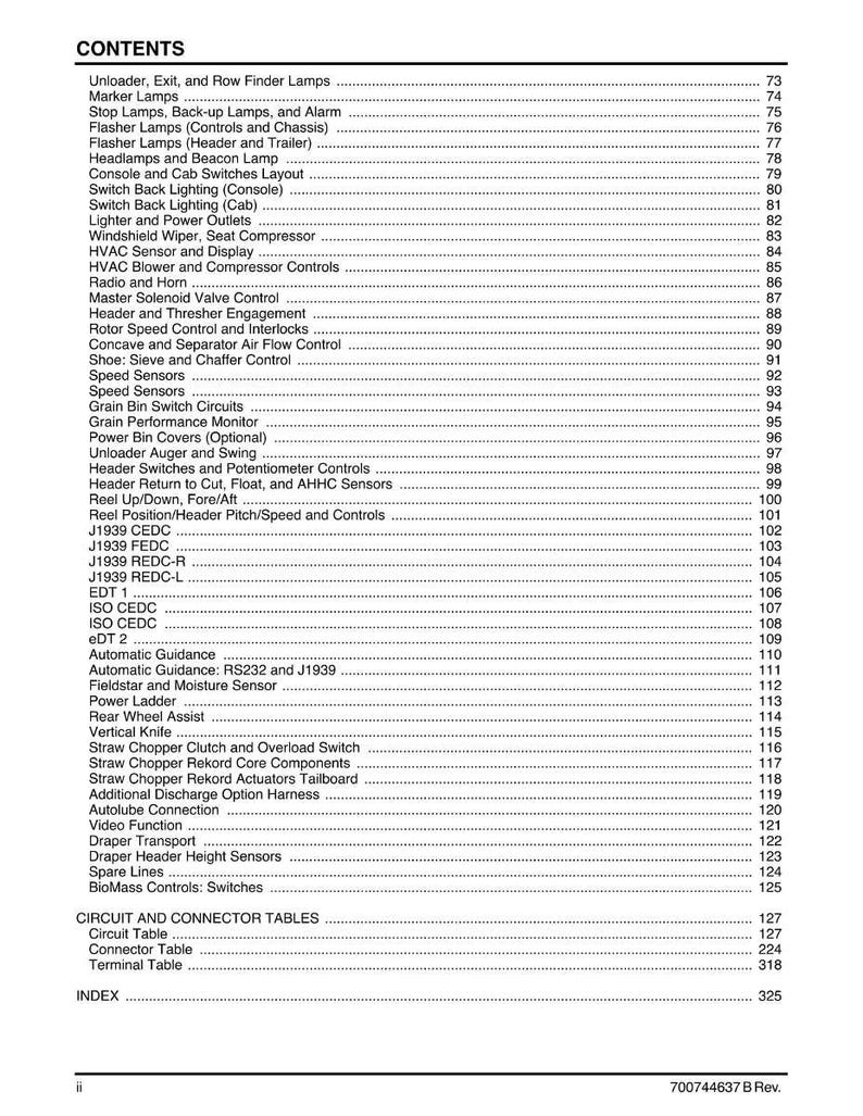 Puede incluir: Un detallado &iacute;ndice de un manual, que enumera varios componentes y sistemas. El texto incluye t&eacute;rminos como "Unloader", "Flasher Lamps", "Speed Sensors" y "Automatic Guidance". El documento est&aacute; etiquetado como "CONTENTS".