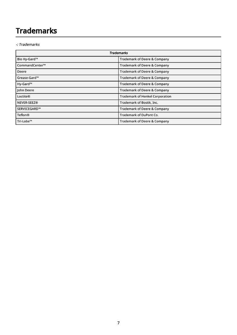 May include: A table of trademarks, including "Bio Hy-Gard", "CommandCenter", "Deere", and others. Each trademark is listed with its respective trademark owner, such as Deere & Company, Henkel Corporation, and DuPont Co.