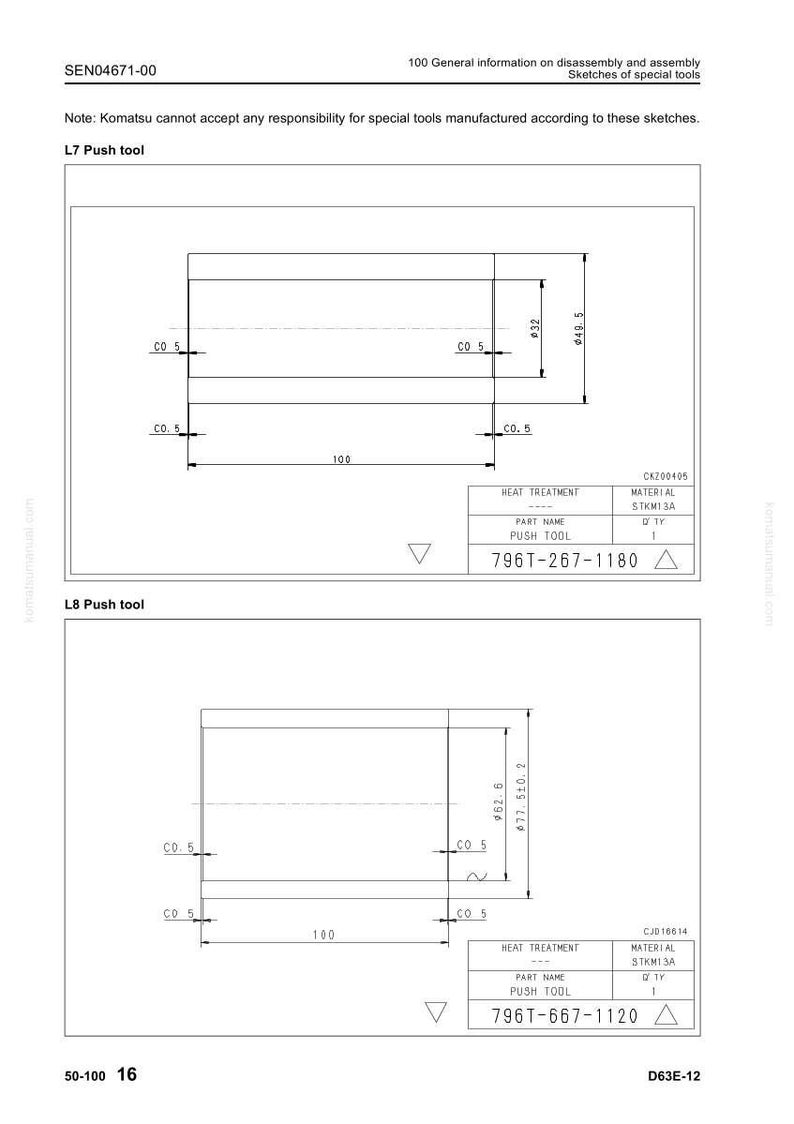 May include: Technical drawing of two push tools, L7 and L8, with dimensions and specifications. The L7 tool has a diameter of 32 and 49.5, while the L8 tool has a diameter of 62.6 and 77.5. The drawing includes part names and material details.