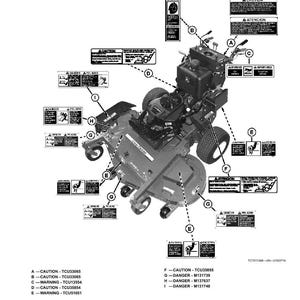 May include: Diagram of a riding lawn mower with safety label locations identified. The labels include warnings and cautions, with text in English and Spanish. The mower is shown in a grayscale illustration, with labels marked A through I.