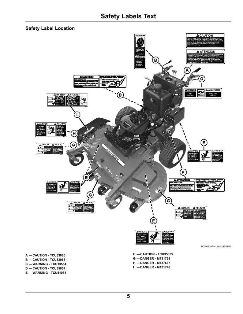 May include: Diagram of a riding lawn mower with safety label locations identified. The labels include warnings and cautions, with text in English and Spanish. The mower is shown in a grayscale illustration, with labels marked A through I.