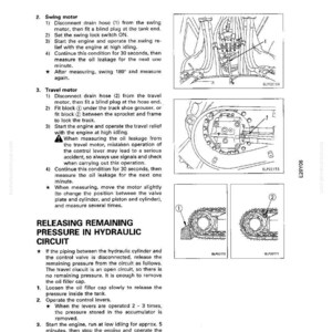Puede incluir: Diagrama t&eacute;cnico con texto que detalla los procedimientos para medir fugas de aceite y liberar la presi&oacute;n en un circuito hidr&aacute;ulico. Incluye ilustraciones de componentes de maquinaria e instrucciones paso a paso.