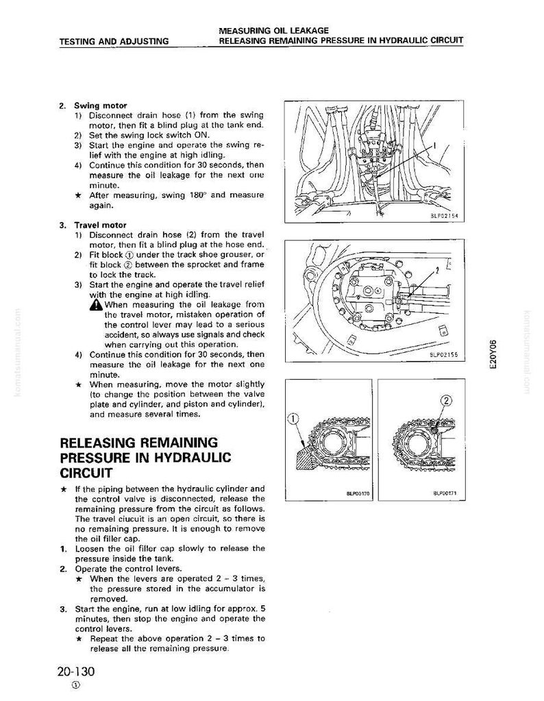 Puede incluir: Diagrama t&eacute;cnico con texto que detalla los procedimientos para medir fugas de aceite y liberar la presi&oacute;n en un circuito hidr&aacute;ulico. Incluye ilustraciones de componentes de maquinaria e instrucciones paso a paso.