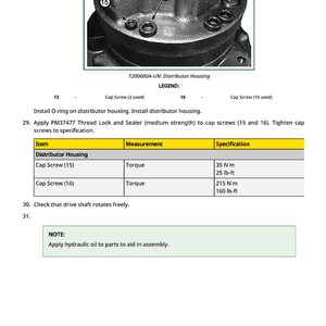 May include: Diagram of a distributor housing with cap screws labeled 15 and 16. The image includes torque specifications for the cap screws: 35 N'm (25 lb-ft) and 215 N'm (160 lb-ft). Instructions include applying thread lock and hydraulic oil.