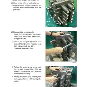 May include: Technical diagram showing the disassembly of a control valve. The image includes close-up shots of the process, with text instructions and part numbers. The valve is a complex, metallic component with various cylindrical parts.