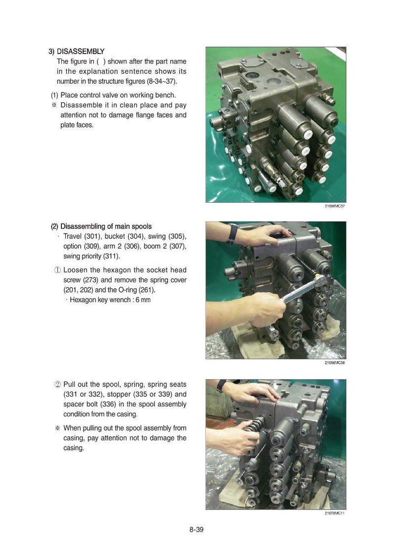 May include: Technical diagram showing the disassembly of a control valve. The image includes close-up shots of the process, with text instructions and part numbers. The valve is a complex, metallic component with various cylindrical parts.