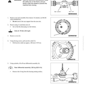 May include: Diagram of differential removal instructions. Text includes warnings, steps for removing the rear axle assembly, draining oil, removing the cover, pulling out the drive shaft, and lifting the rear differential assembly. Measurements are in inches and pounds.
