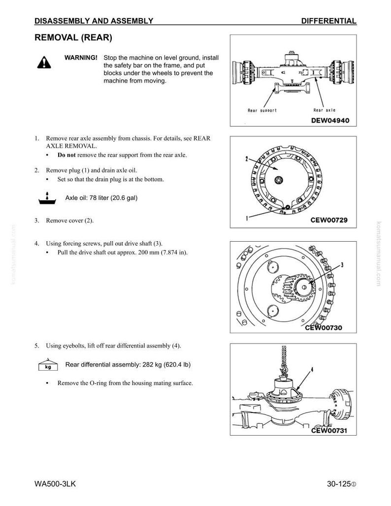 May include: Diagram of differential removal instructions. Text includes warnings, steps for removing the rear axle assembly, draining oil, removing the cover, pulling out the drive shaft, and lifting the rear differential assembly. Measurements are in inches and pounds.