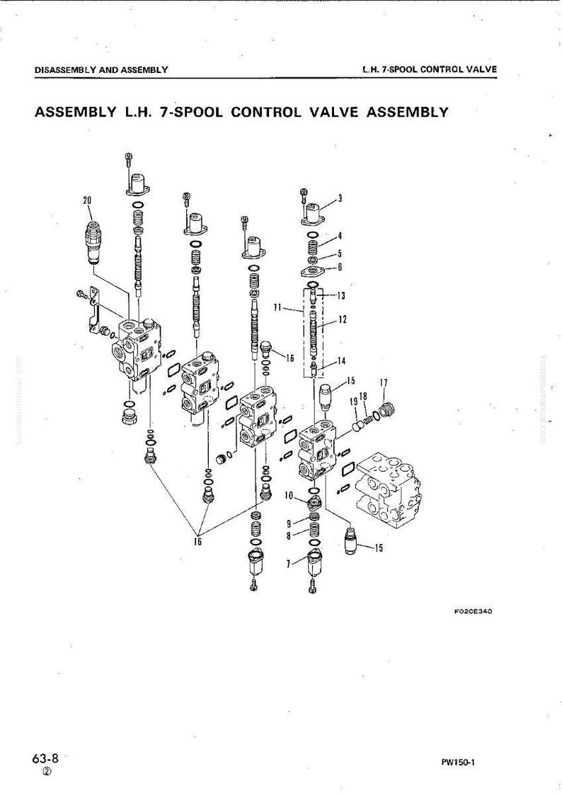 May include: An exploded diagram of an L.H. 7-spool control valve assembly. The image shows various components, including spools, springs, and fittings, with labels and numbers for identification. The text "ASSEMBLY L.H. 7-SPOOL CONTROL VALVE ASSEMBLY" is visible.
