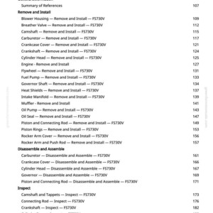 May include: A page from a manual with a list of engine repair procedures, including "Remove and Install" and "Disassemble and Assemble" instructions for various engine components. The text is black on a white background.