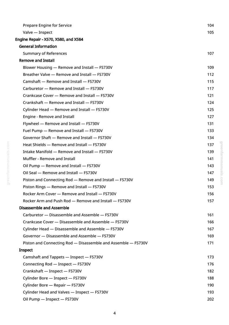 May include: A page from a manual with a list of engine repair procedures, including "Remove and Install" and "Disassemble and Assemble" instructions for various engine components. The text is black on a white background.