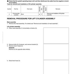 Peut inclure: Une page de manuel d&eacute;taillant le d&eacute;montage et l'installation d'un ensemble v&eacute;rin de levage. Le texte comprend des instructions, des noms de pi&egrave;ces et des sch&eacute;mas de la proc&eacute;dure. La page est tir&eacute;e d'un manuel Komatsu.