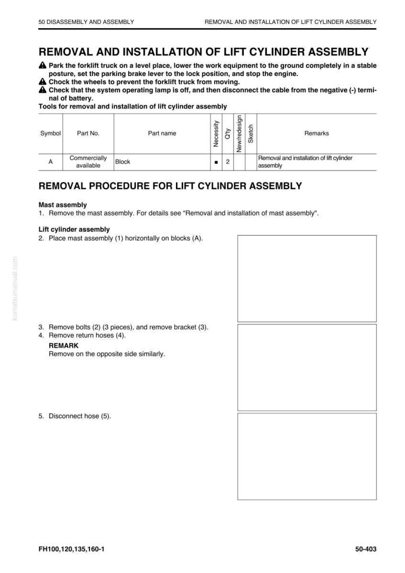 Peut inclure: Une page de manuel d&eacute;taillant le d&eacute;montage et l'installation d'un ensemble v&eacute;rin de levage. Le texte comprend des instructions, des noms de pi&egrave;ces et des sch&eacute;mas de la proc&eacute;dure. La page est tir&eacute;e d'un manuel Komatsu.